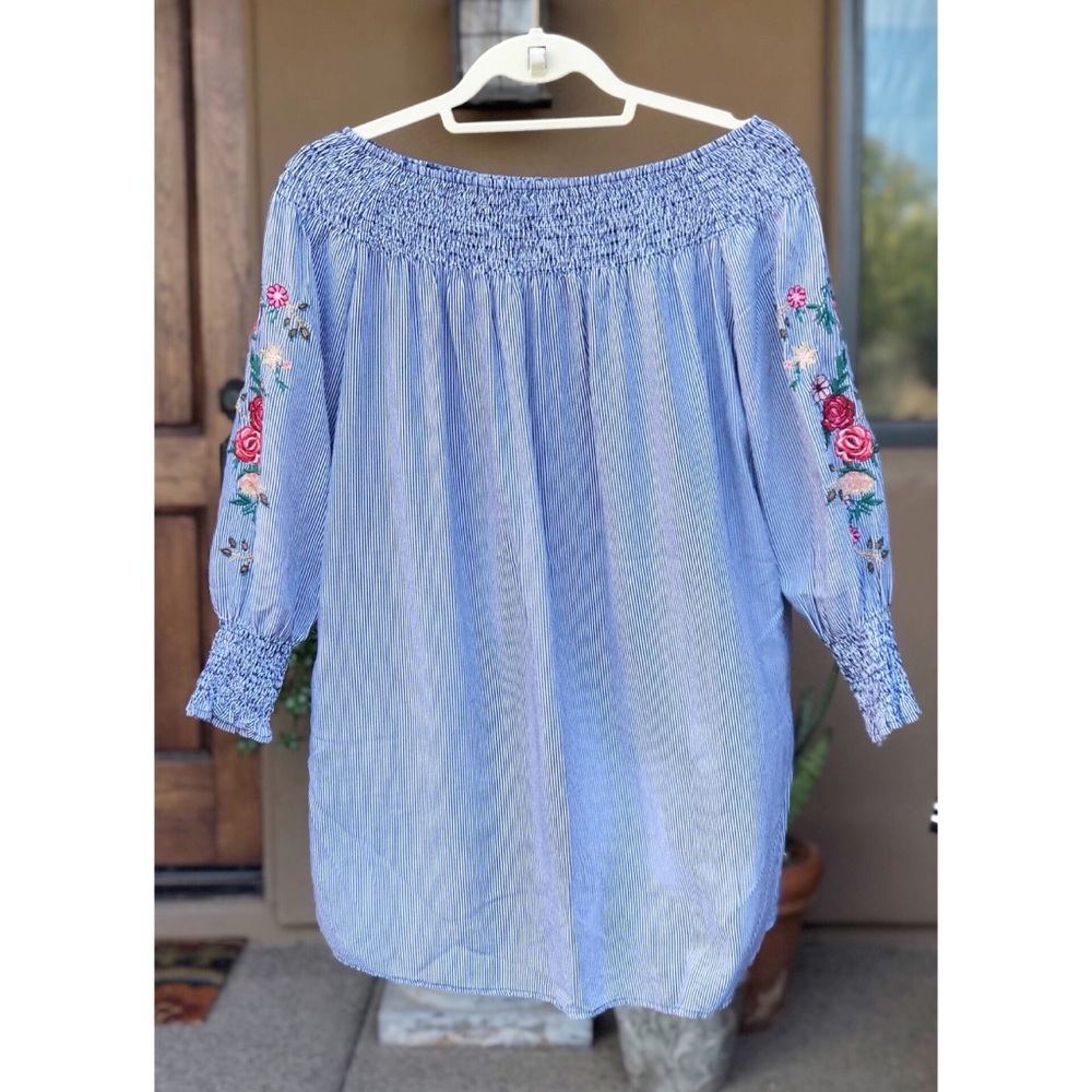 off the shoulder dress with floral embroidery